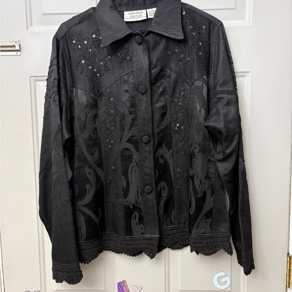 Vintage Black Embroidered Sequin Jacket with Crochet Fringe